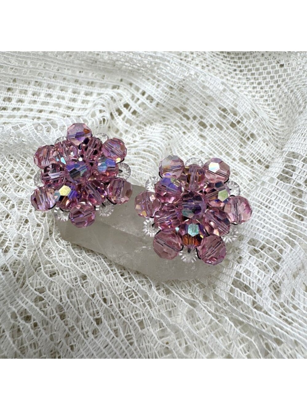 Vintage Pink  Cluster Crystal Beaded Flower Clip-On Earrings